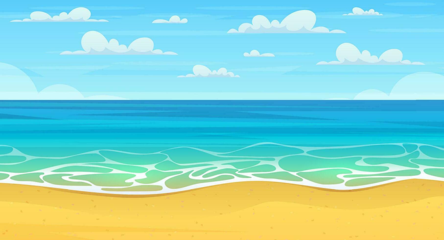 Cartoon summer beach. Paradise nature vacation, ocean or sea seashore. Sea beach landscape. Cartoon summer sunny day, ocean view horizontal panorama. Vector illustration in flat style