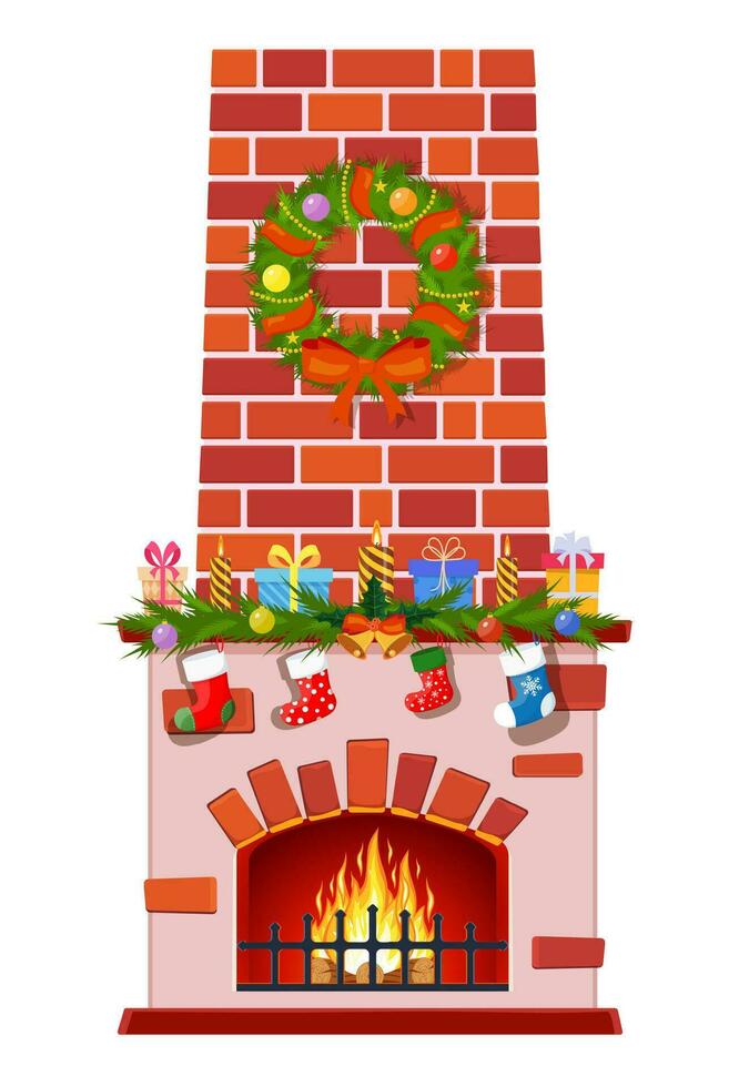 Christmas fireplace isolated on a white background. fireplace with socks, candle balls gifts and wreath. Happy new year decoration. Merry christmas holiday. Vector illustration flat style
