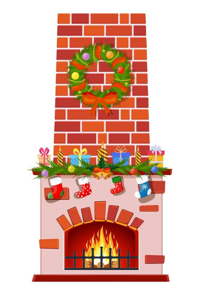 Navidad hogar aislado en un blanco antecedentes. hogar con medias, vela pelotas regalos y guirnalda. contento nuevo año decoración. alegre Navidad día festivo. vector ilustración plano estilo