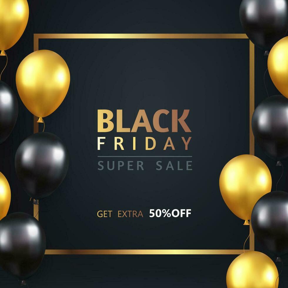 3d Black Friday sale banner with gold and black Balloons. Social media template for website and mobile website development, email and newsletter design, marketing material. vector