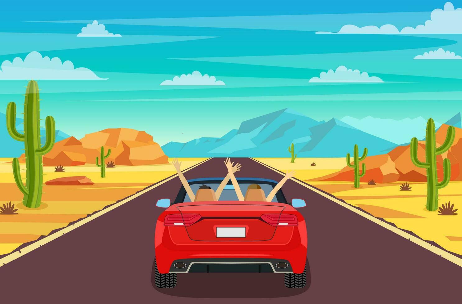 autopista la carretera en desierto. arenoso Desierto paisaje con camino, rocas, coche y cactus contento gratis Pareja en coche conducción con brazos aumentó. vector ilustración en plano estilo