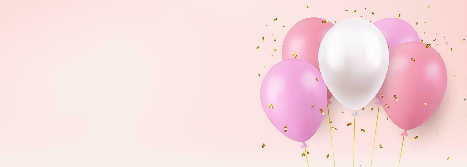 3d balloons with ribbon. Celebratory design with balloons with glittering confetti. Stylish poster, cover, banner, site, mobile app. Celebrate birthday template. 3d rendering. Vector illustration