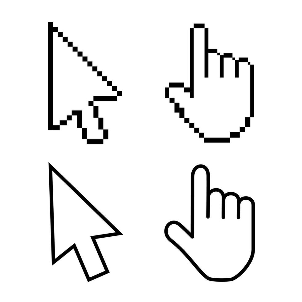 Hand cursor icon with an index finger and arrow. Pixel design graphics for modern computer technology, web sites, blogs, computer applications, programs. Vector illustration in flat style