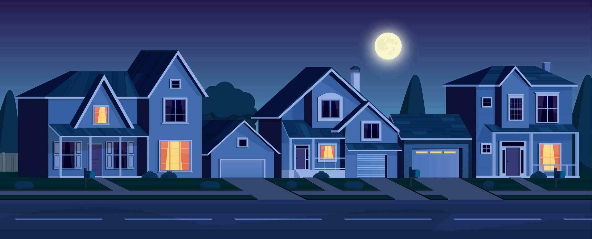 urbano o suburbano barrio a noche con real inmuebles propiedad, casas con luces. dibujos animados paisaje con suburbano cabañas, Luna y estrellas en oscuro cielo. vector ilustración en un plano estilo