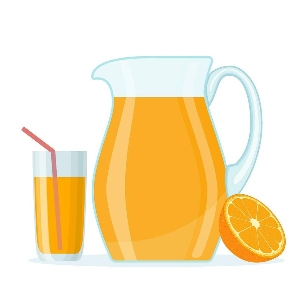Orange fruit juice in glass jug and half slice orange. Fresh citrus fruit drink with vitamins. Organic product in carafe. Summer healthy drink. Vector illustration in flat style