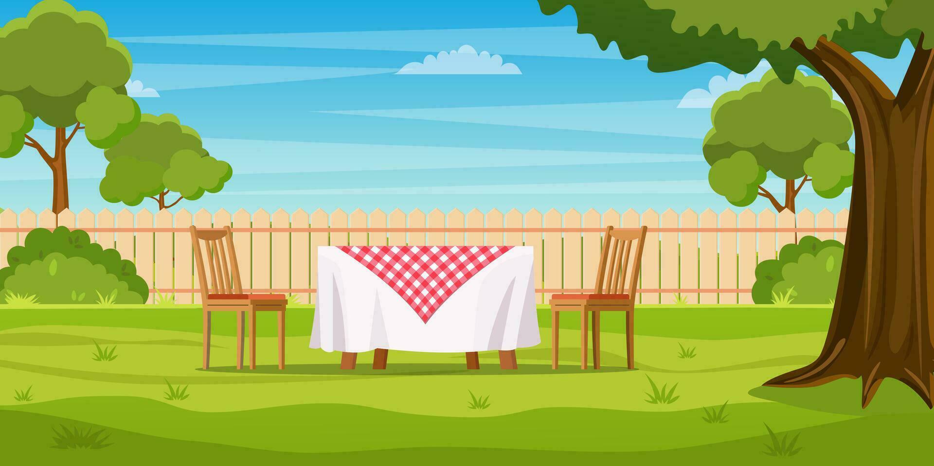 House backyard with green grass lawn, trees and bushes. Cartoon table and chairs garden modern furniture. Outdoor area for BBQ summer parties. Patio area. Vector illustration in flat style