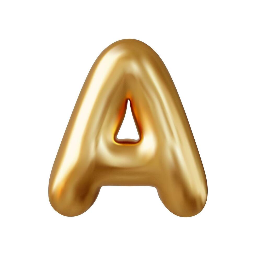 3d letter A uppercase gold color, Realistic 3d design in balloon style. Isolated on white background. 3d rendering. Vector illustration