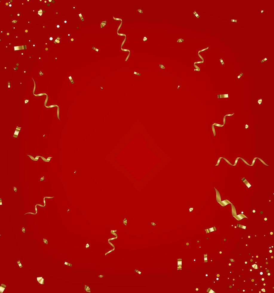 Abstract Red Party Holiday Background with Confetti and Golden Ribbon. Texture for party,celebration, carnival, birthday,Christmas,Happy new year and Chinese new year. Vector illustration