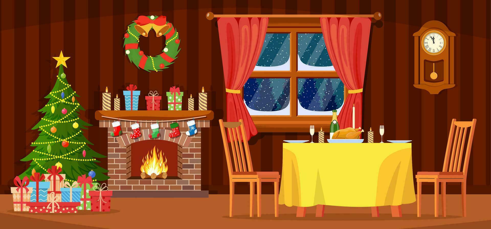Festive interior of living room, new year. Christmas tree, gifts above fireplace for new year, festive table, beautiful furniture, fireplace, Christmas wreath, decorations. vector