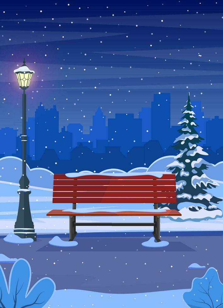 cartoon Winter city park with wooden bench, lanterns and town buildings skyline. Urban empty public garden landscape, snow fall under dull sky. Vector illustration in flat style