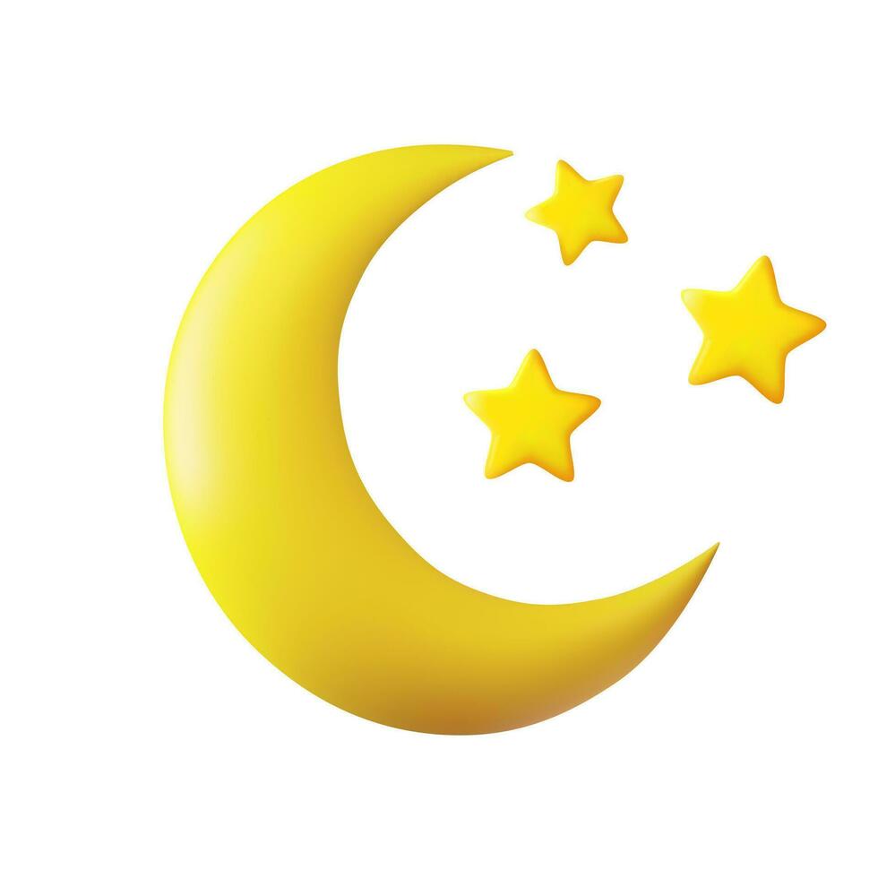 Abstract moon or crescent with stars. Half month and stars yellow. Realistic 3d symbol design. Moon or crescent. Space futuristic creative design. 3d rendering. Vector illustration