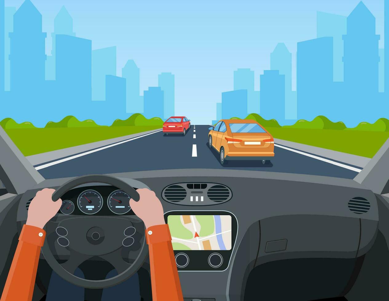 ver de el la carretera desde el coche interior. la carretera con carros.. manos en direccion rueda, dentro coche conductor. moderno grande rascacielos pueblo lejos lejos adelante. vector ilustración en plano estilo