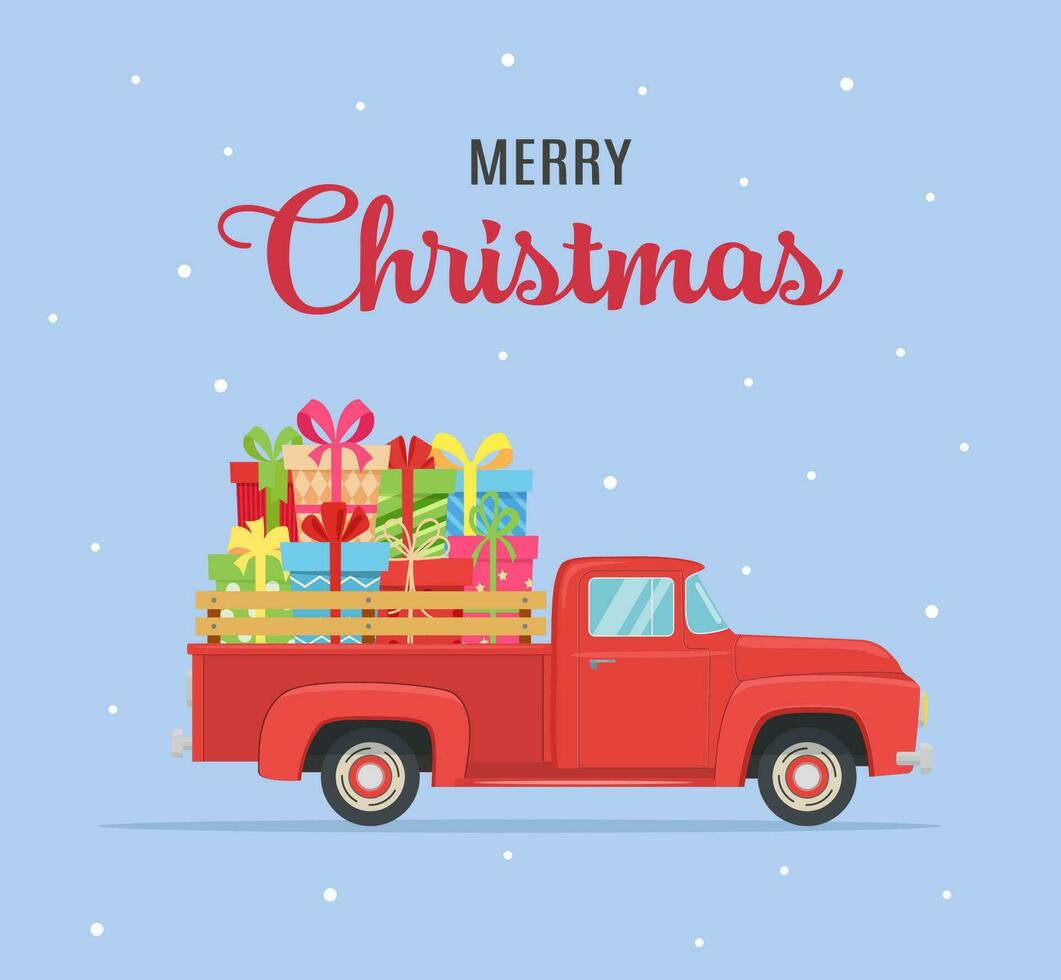 Christmas card or poster design with retro red pickup truck with gift boxes on board. Template for new year party or event invitation or flyer. Vector illustration in flat style