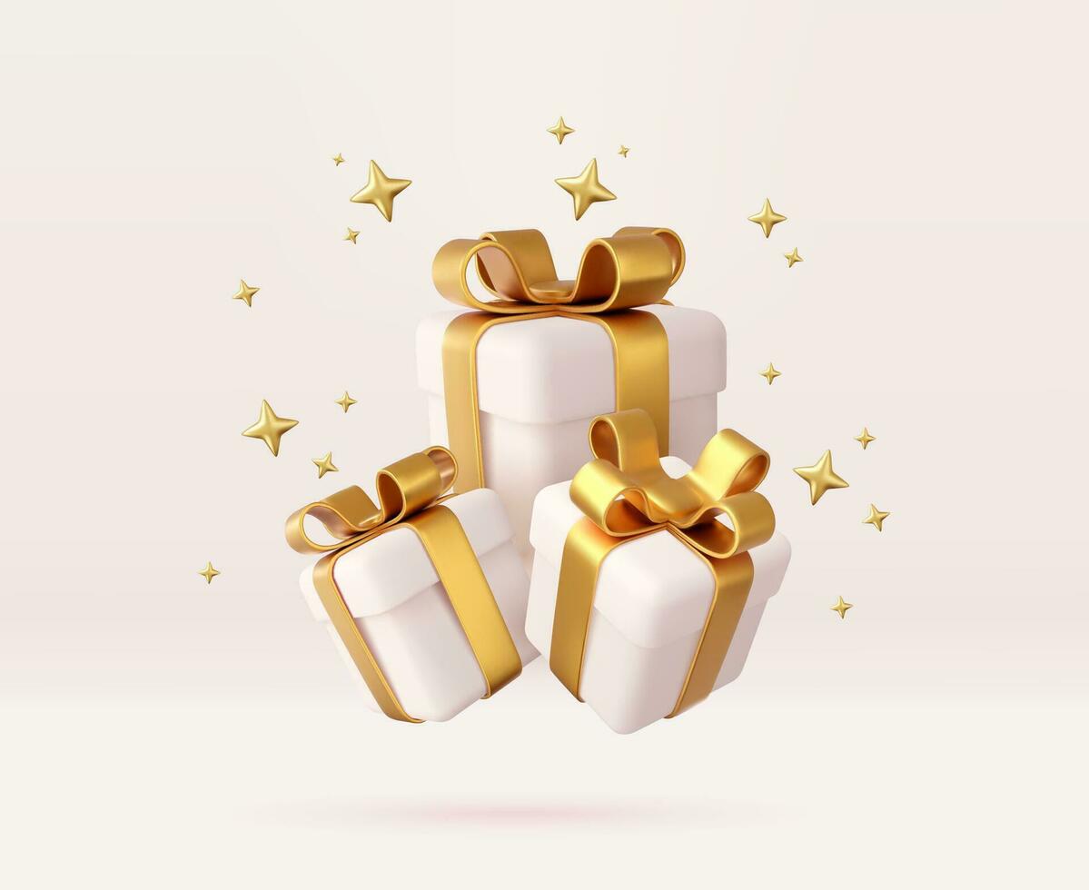 3d white gift boxes with golden ribbon and bow. Birthday celebration concept. Merry New Year and Merry Christmas white gift boxes with golden bows. 3d rendering. Vector illustration