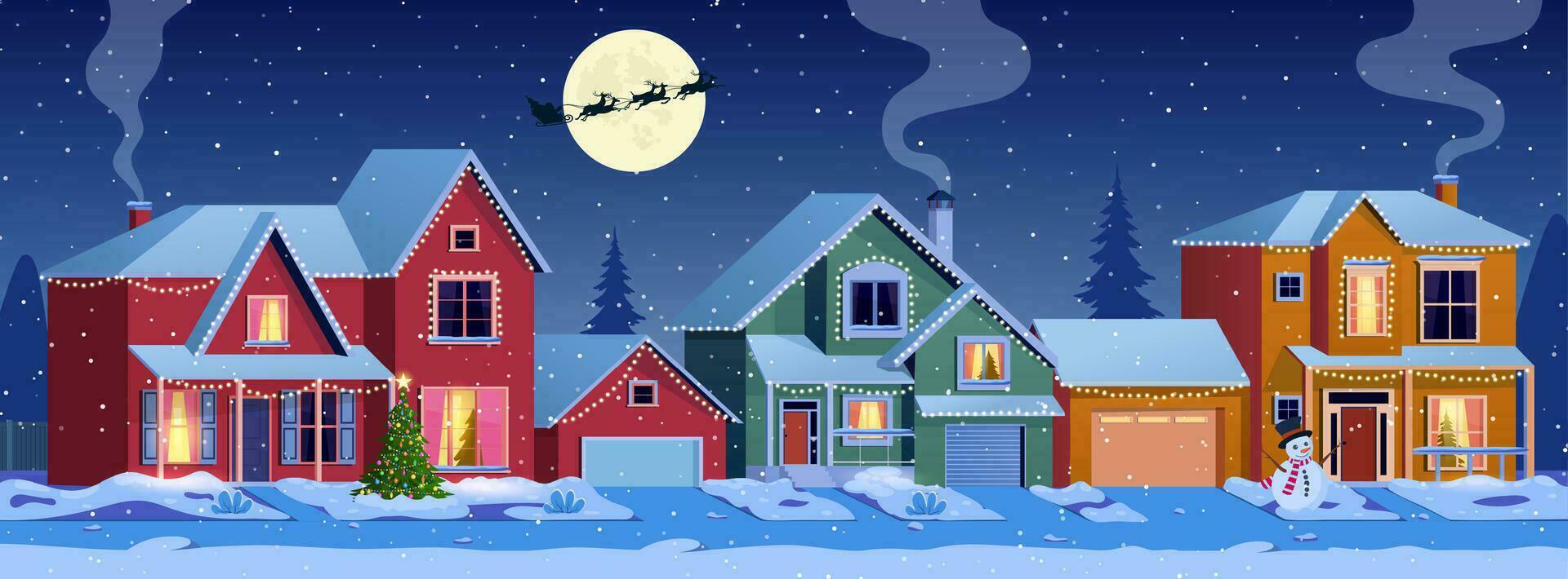 Residential houses with christmas decoration at night. cartoon winter landscape street with snow on roofs and garlands, christmas tree, snowman. Santa Claus with deers in sky. Vector illustration