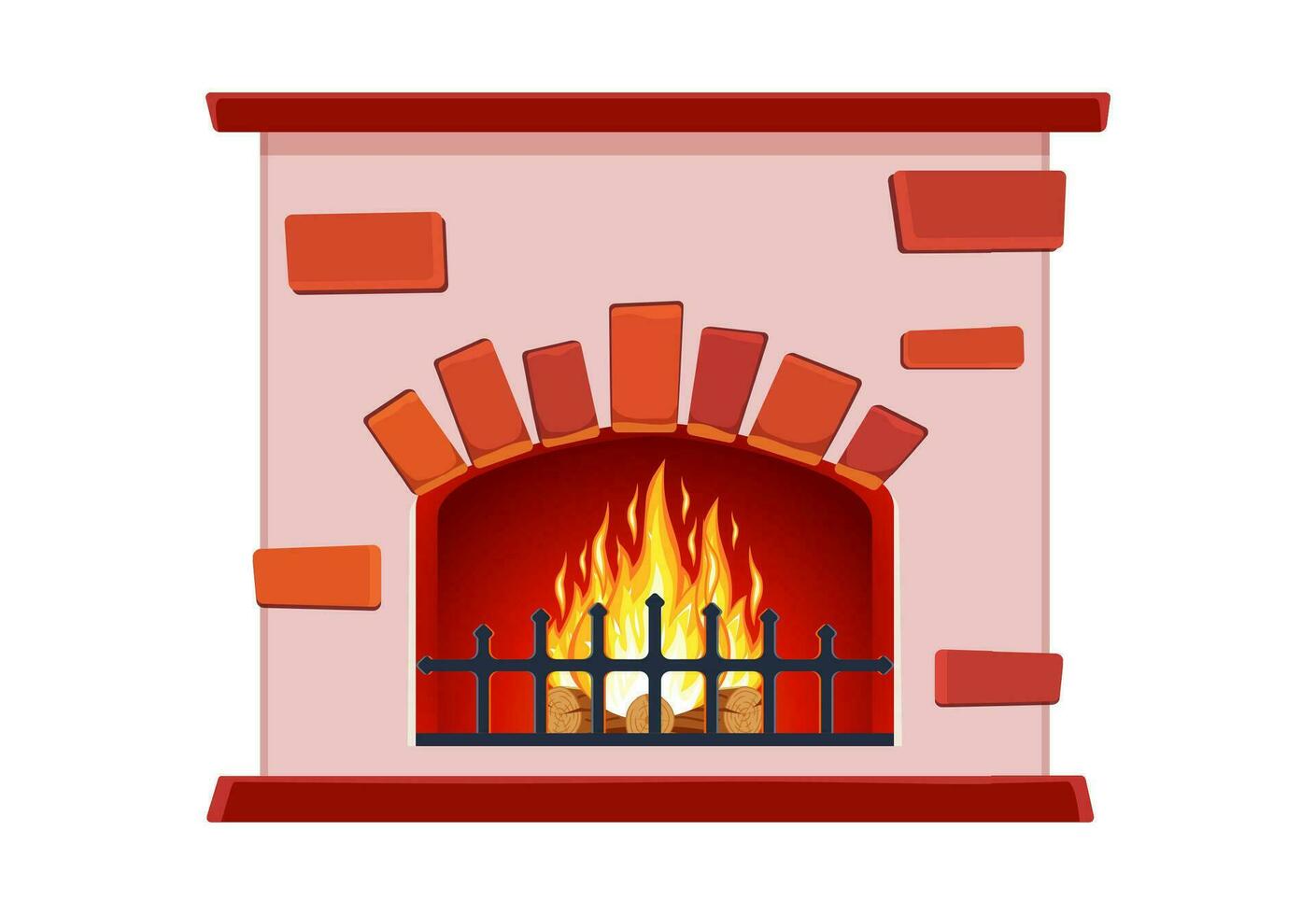cartoon Winter interior bonfire. Classic fireplace made of red bricks, bright burning flame and smoldering logs inside. Home fireplace for comfort and relaxation. Vector illustration in flat style