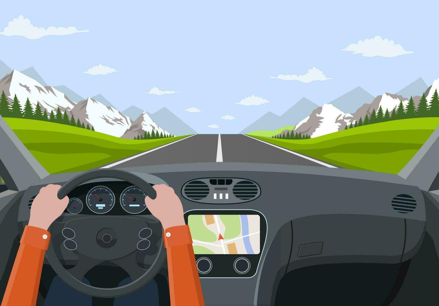 View of the road from the car interior. Vehicle salon, inside car driver . Driving simulator .Hands on Steering Wheel. Car view steering and windshield. Vector illustration in flat style
