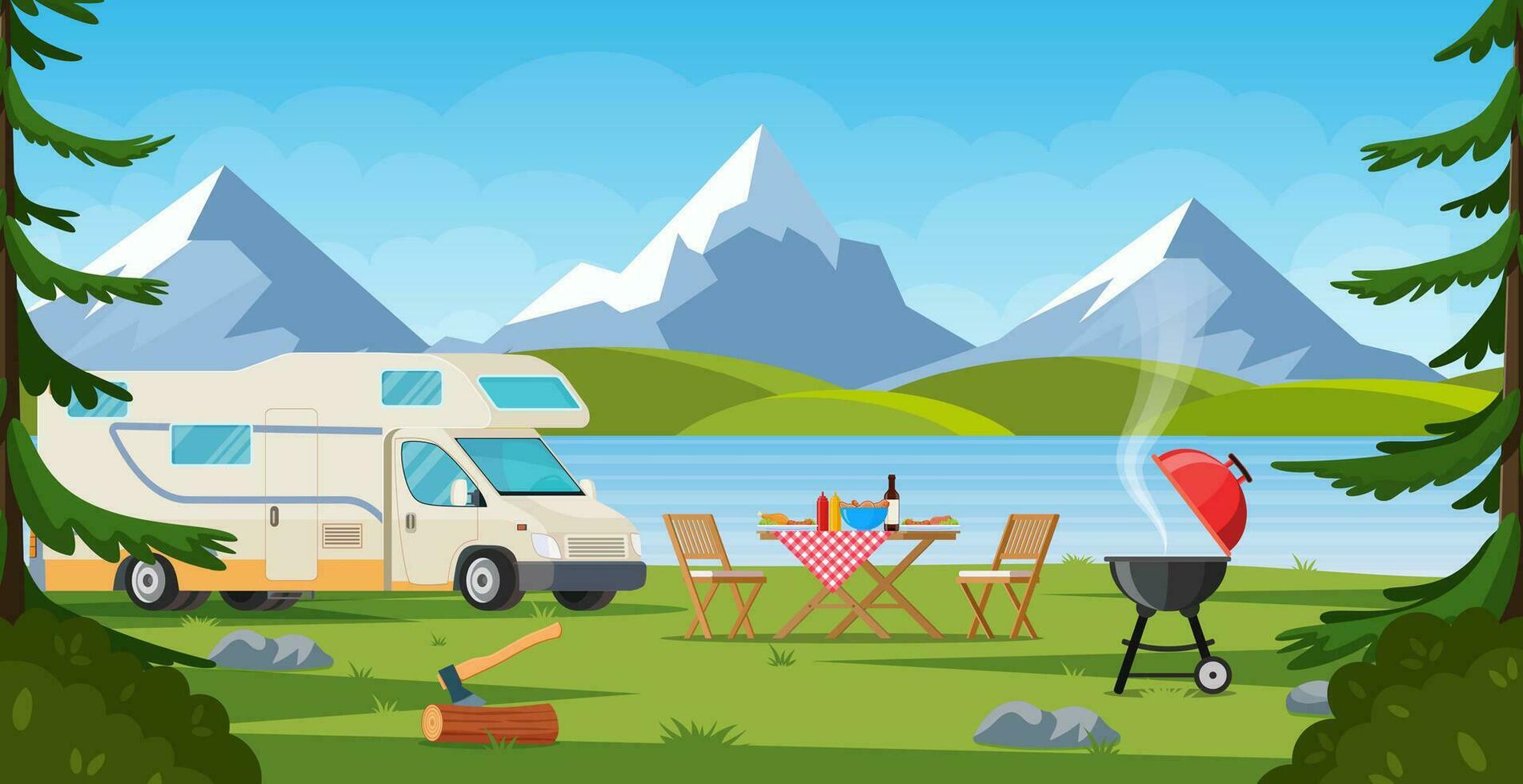 Camper with barbecue folding table deckchair. Summer camping. Outdoor nature adventure, active tourism in summertime background. vector