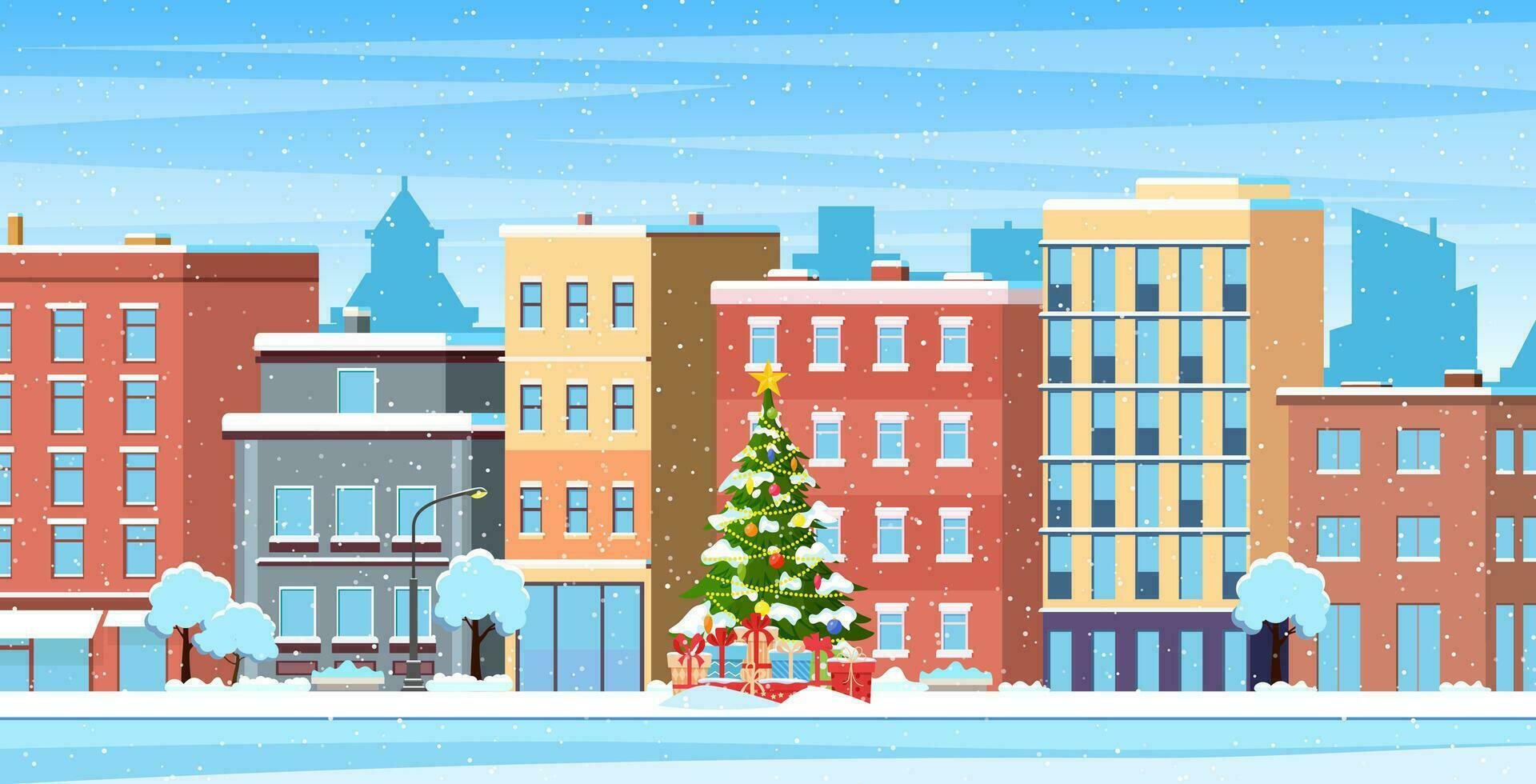 happy new year and merry Christmas winter town street. christmas town city panorama. city building houses winter street cityscape background. Vector illustration in flat style