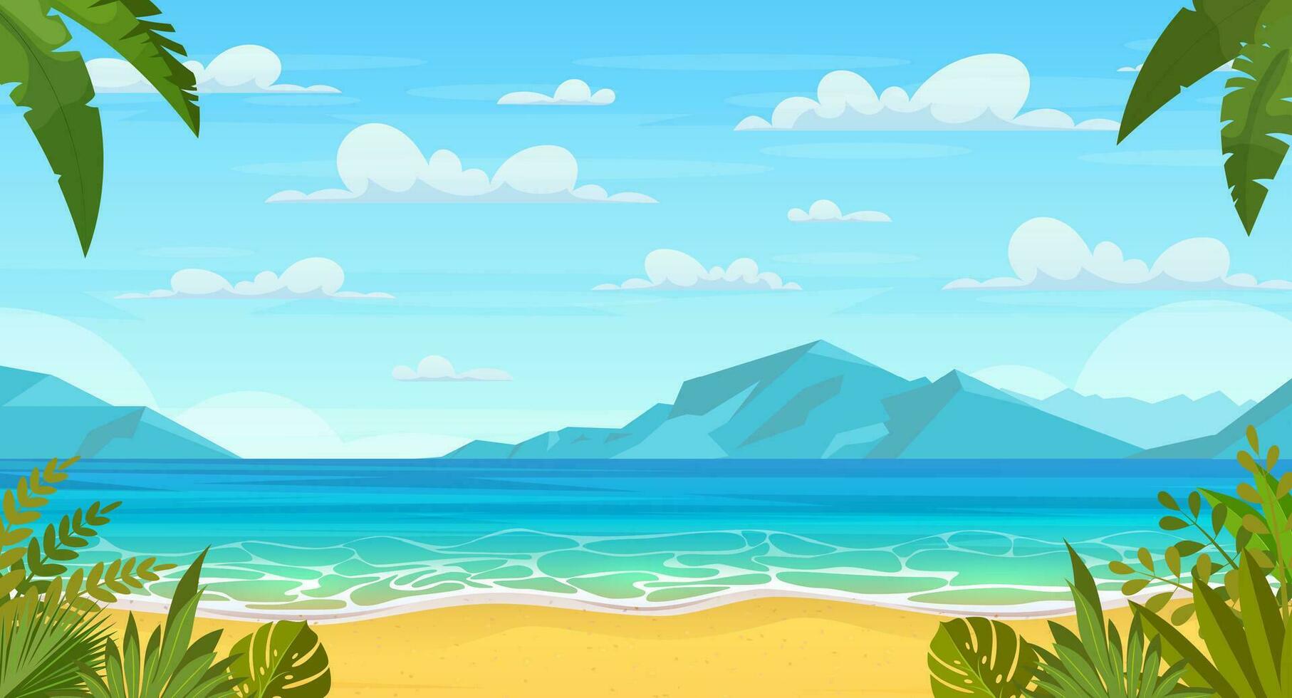 Summertime on the beach. cartoon Palms and plants around. Summer vacation on sea coast. Tropical paradise island sandy beach, palm trees and sea. Vector illustration in flat style