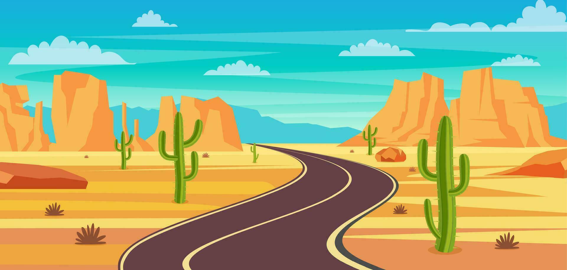 Empty highway road in desert. Sandy desert landscape with road, rocks and cactuses. Summer western american landscape. highway in Arizona or Mexico hot sand. Vector illustration in flat style