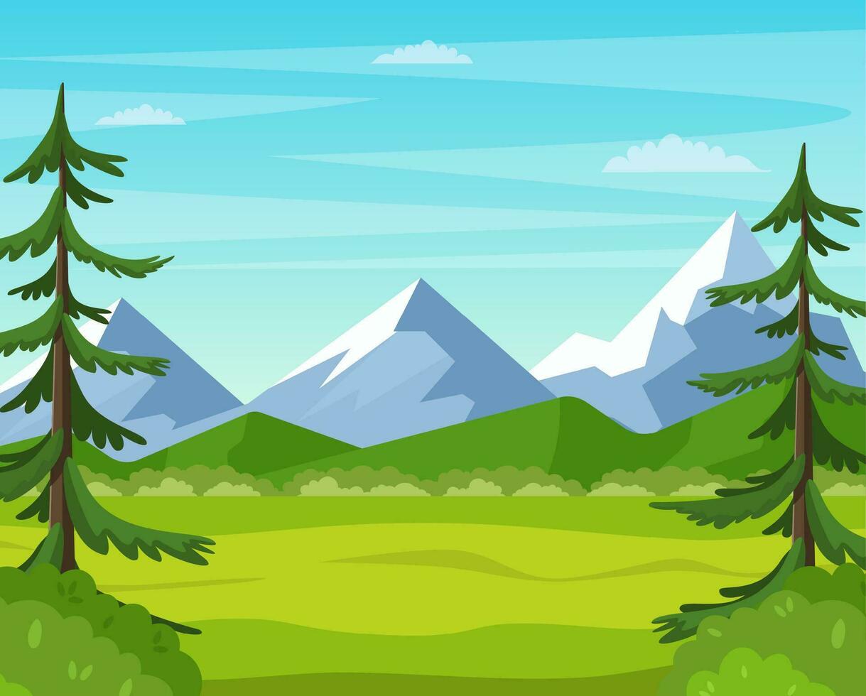 Mountain landscape with summer forest. Cartoon countryside beautiful nature with green trees. Vector illustration in flat style