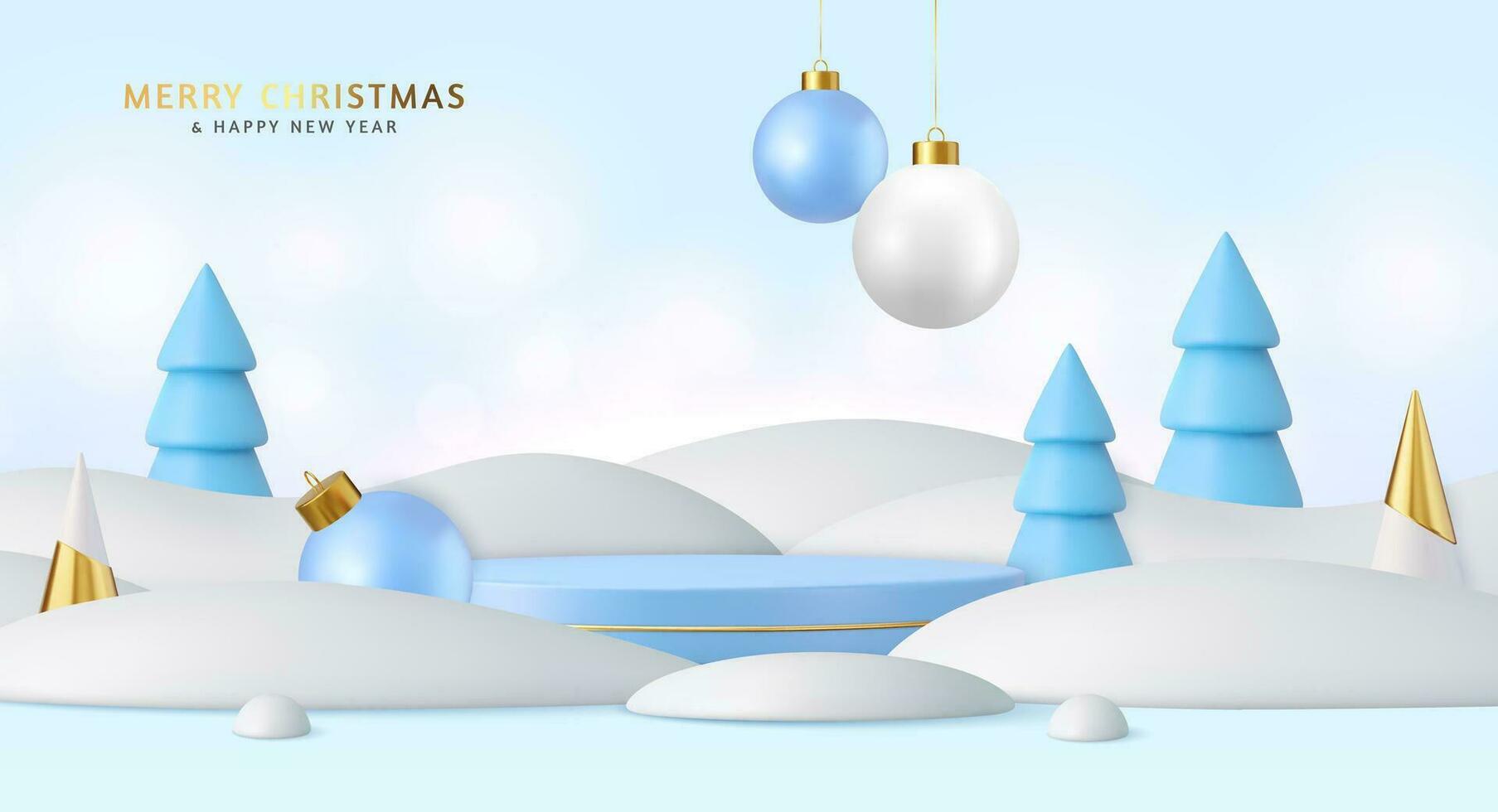 3d Christmas background with cylindrical podium for promotions with 3d bauble balls, cone trees. Round stage for presentation sale product. Banner and web poster. 3d rendering. Vector illustration