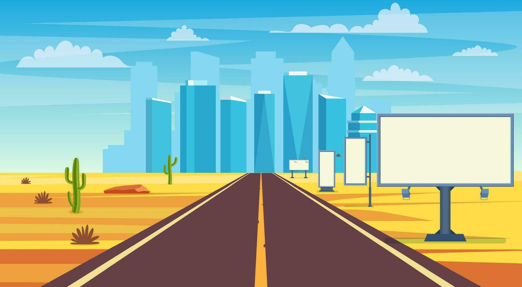 Empty highway road in desert leading to a big city. Sandy desert landscape with road, rocks and cactuses. Road to city with billboards. Vector illustration in flat style