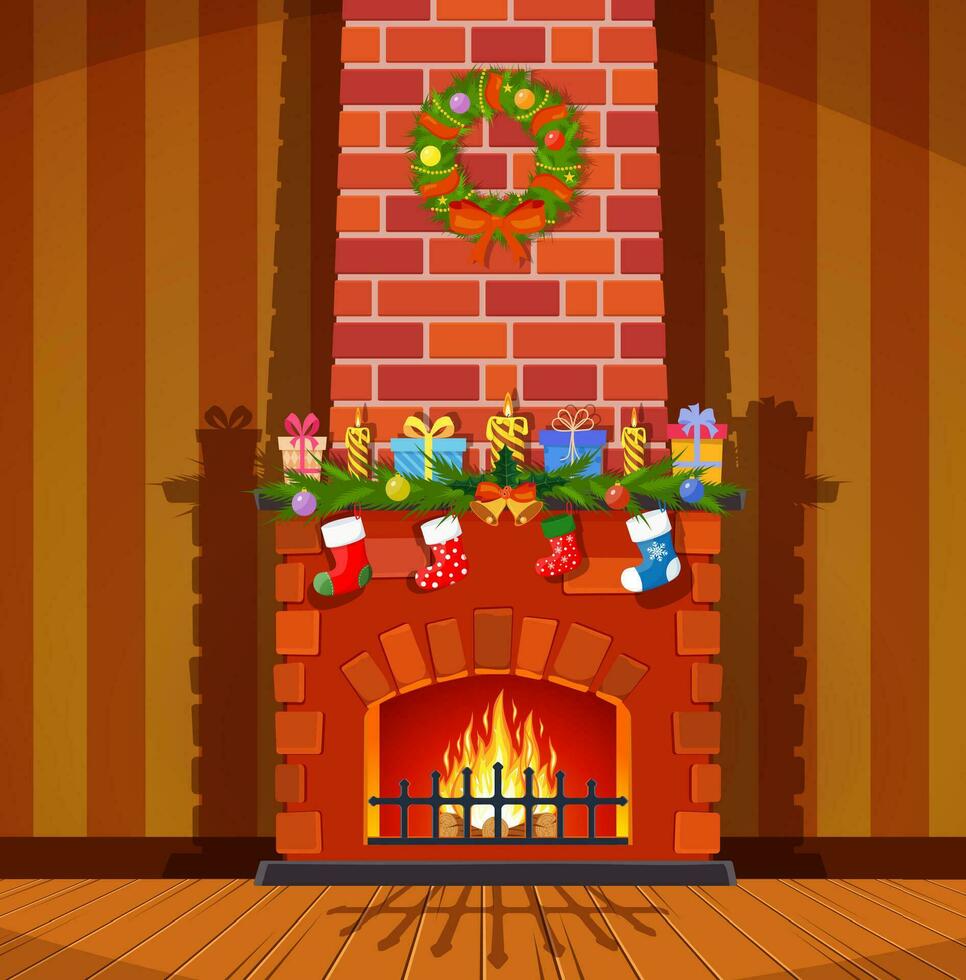 Red brick classic fireplace with socks, candle balls gifts and wreath. Happy new year decoration. Merry christmas holiday. New year and xmas celebration. Vector illustration in flat style