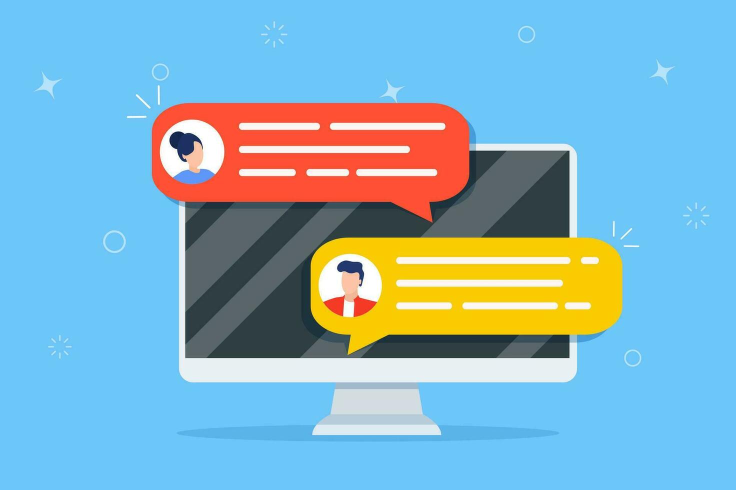 Computer online chat notices. desktop pc with chatting bubble notifications, concept of people messaging on internet, on-line communication. Vector illustration in flat style