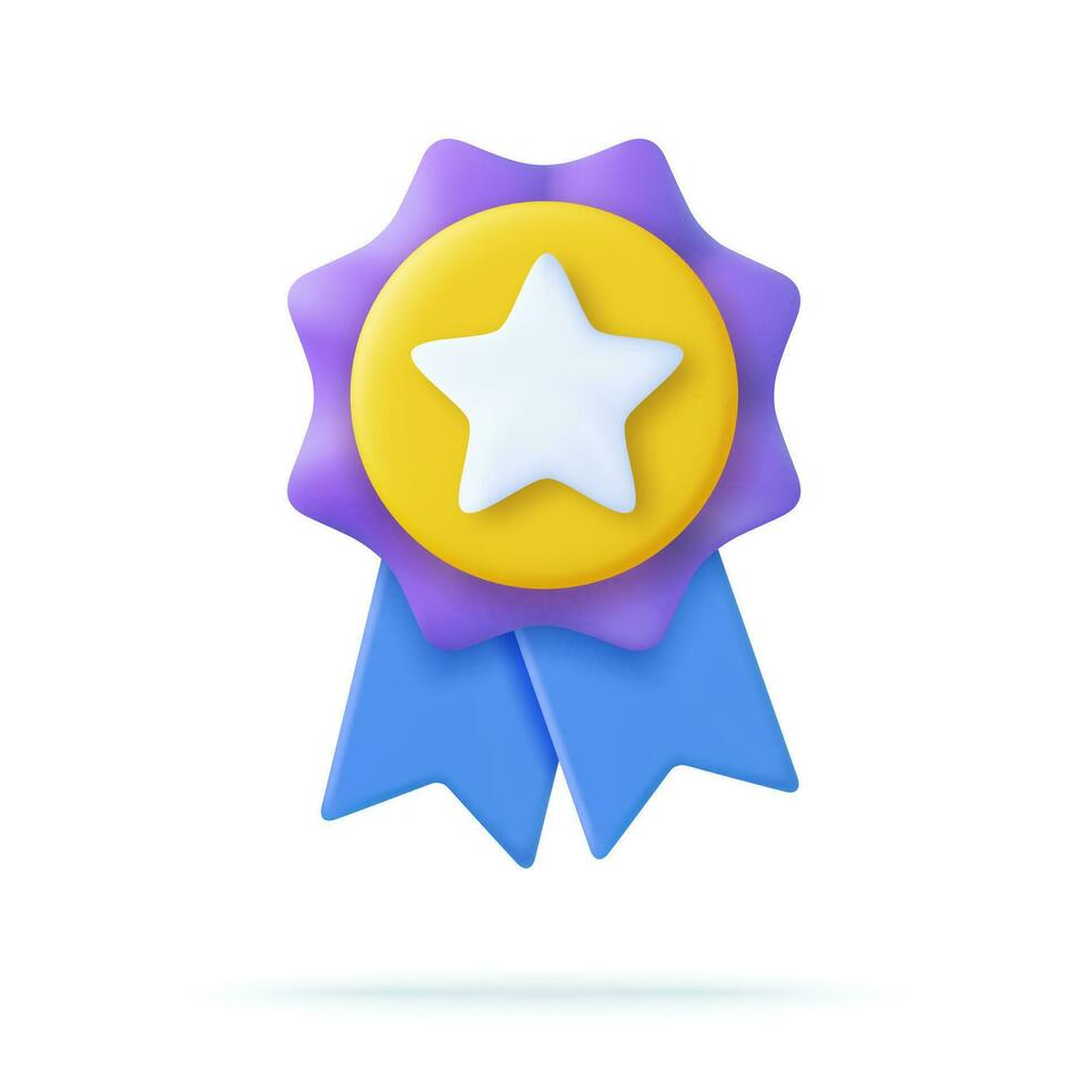 3d Winner medal with star and ribbon. Cartoon minimal style. Premium quality, quality guarantee symbol. 3d rendering Certificate Blank badge icon. Vector illustration