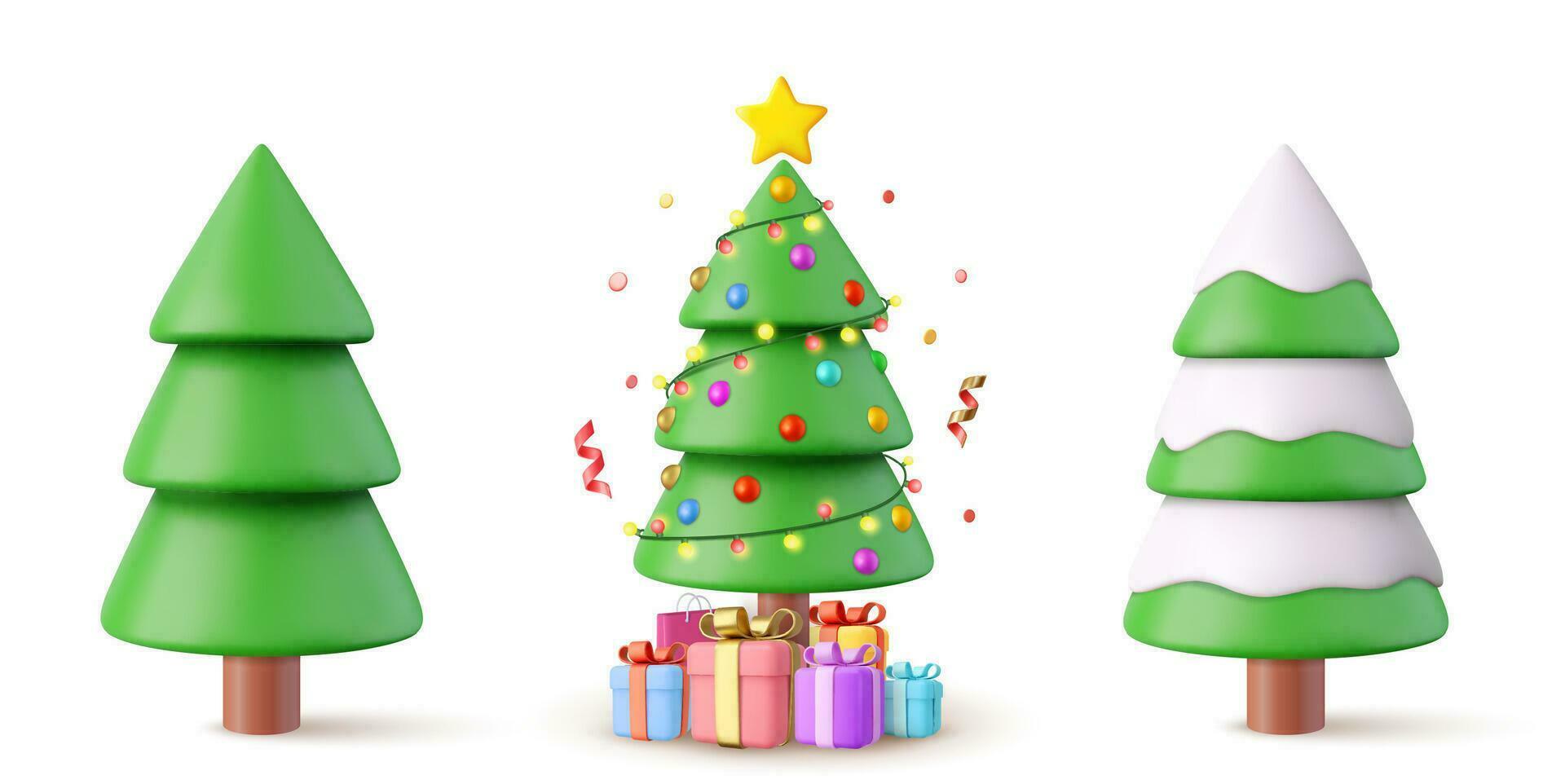 3d Navidad espumoso brillante árbol. alegre Navidad y contento nuevo año.vacaciones elementos. regalo caja, sorpresa regalos, oro papel picado. 3d representación. vector ilustración