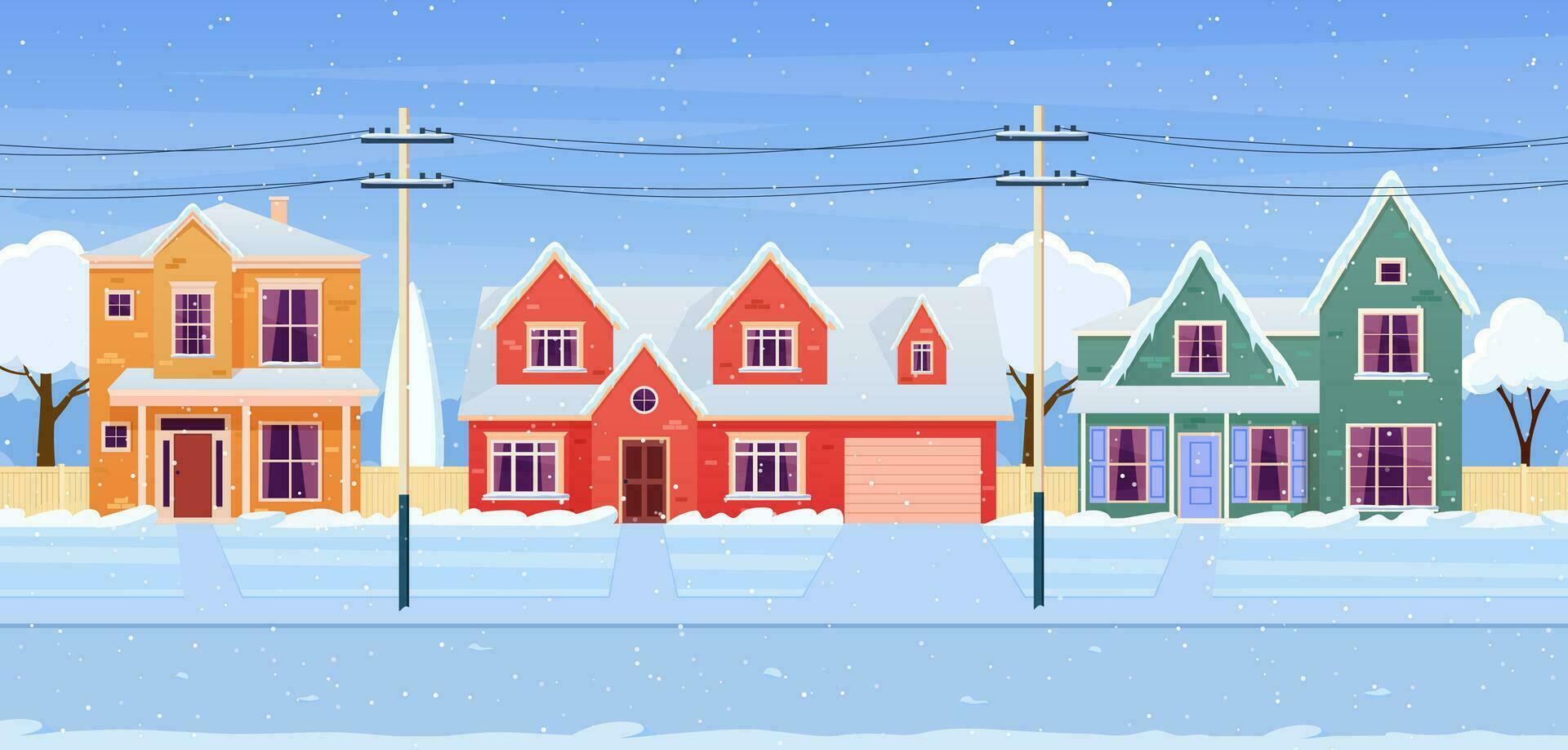 happy new year and merry Christmas winter town street. cartoon winter landscape street with snow on roofs. Vector illustration in flat style