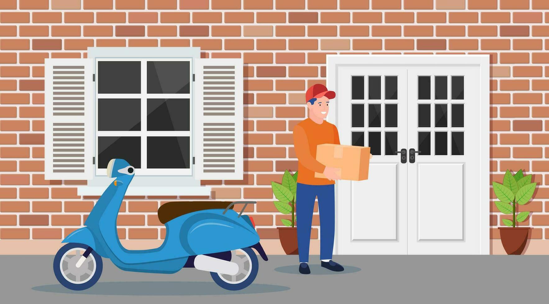 Man left cardboard boxes with goods near house facade. Courier character holds parcel. Carton delivery packaging closed box. Free and fast shipping. Vector illustration in flat style