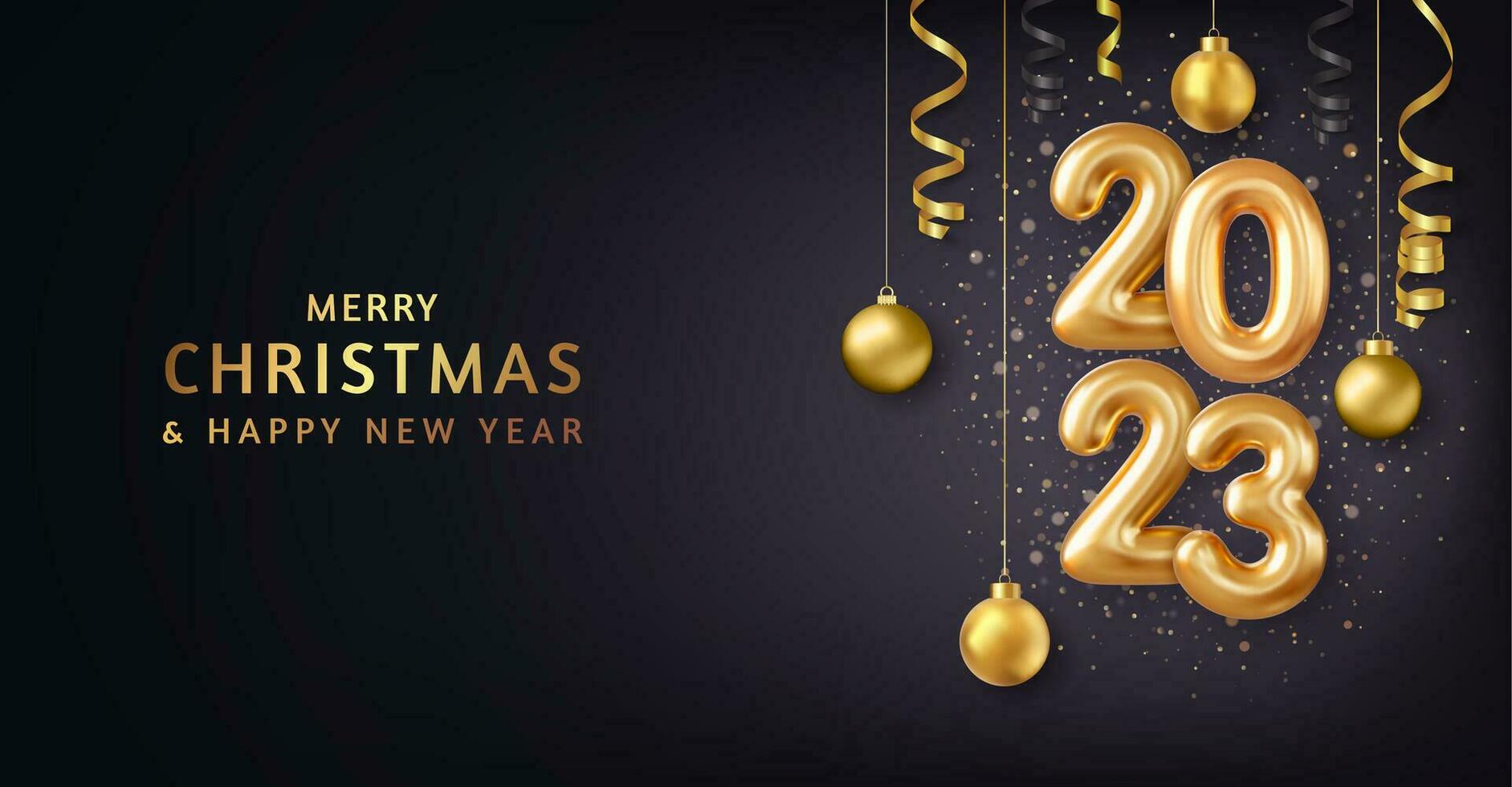 3d Happy new year 2023. Gold Foil Balloons numbers with golden Christmas decoration and confetti on dark blue background. Holiday greeting card design. 3d rendering. Vector illustration