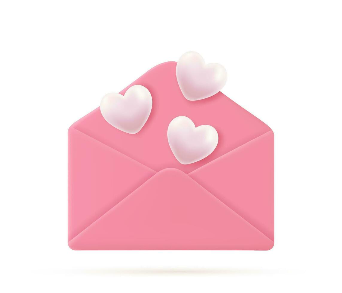 3d Render Valentine day envelope with flying heart. love heart in letter message on white background. Symbol of Valentine's day. Giving love mail. Vector illustration