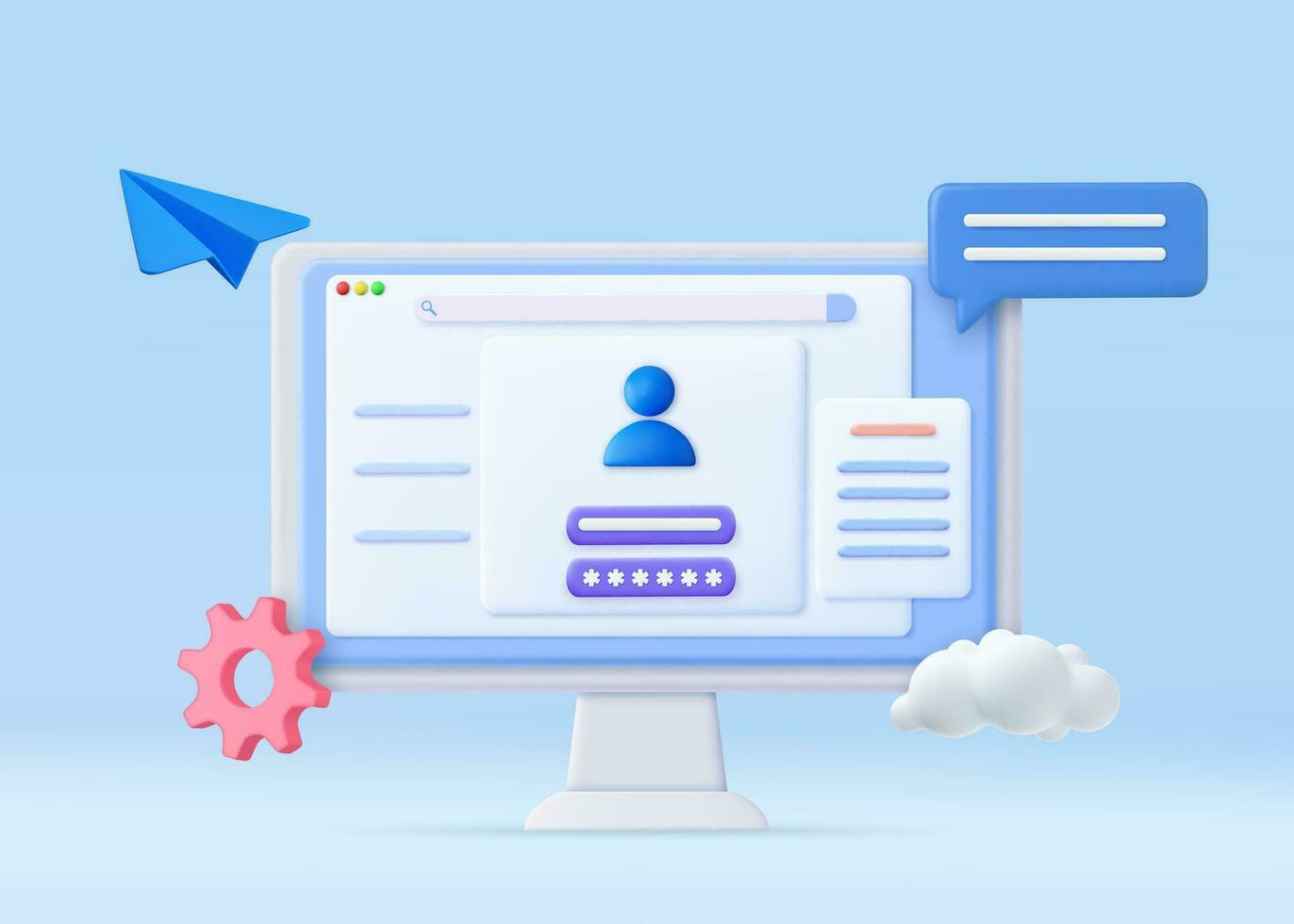 3d Computer and account login and password form page on screen. Sign in to account, user authorization, login authentication page concept. Username, password fields. 3d rendering. Vector illustration