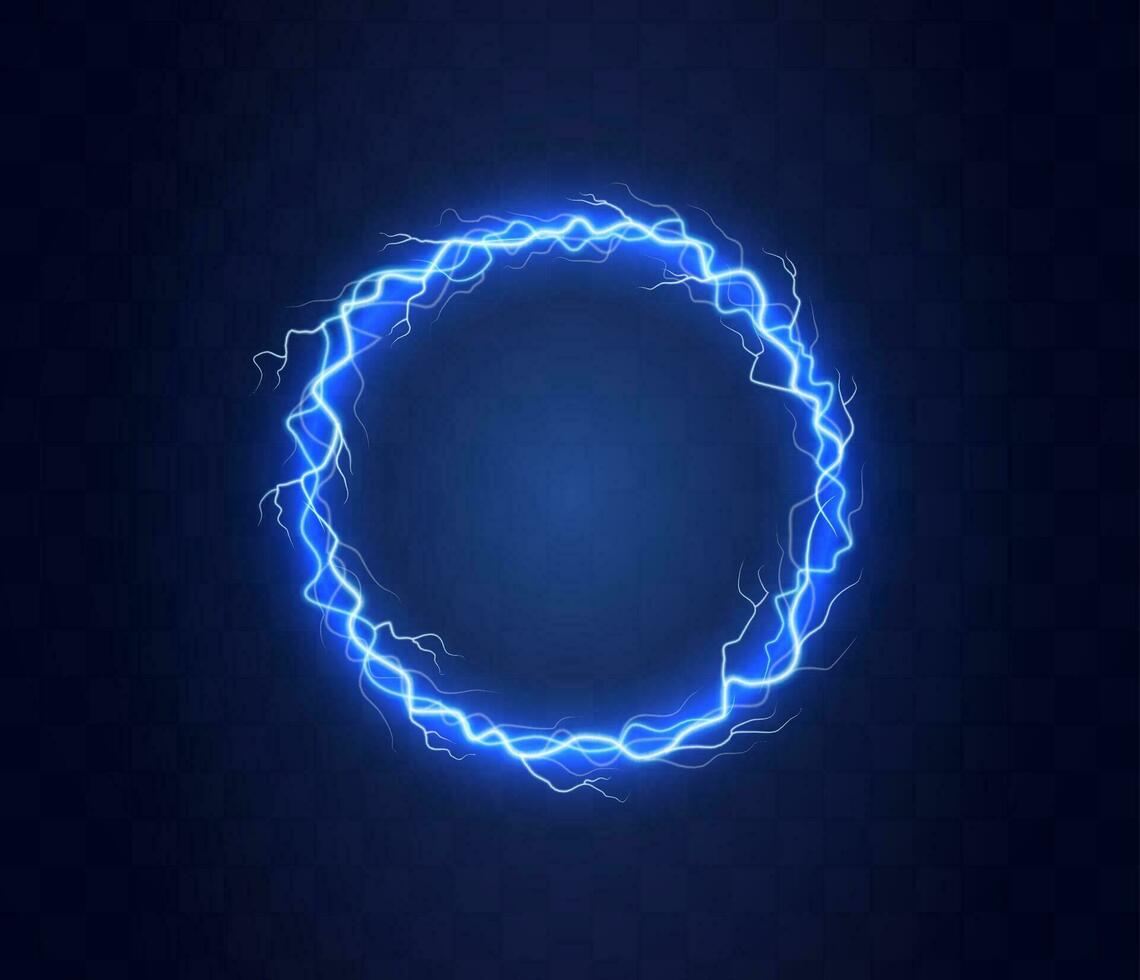 Realistic magic circle of thunder storm blue lightnings. Magic and bright lighting effects. Electric circle. Round frame with electricity and lightnings. vector