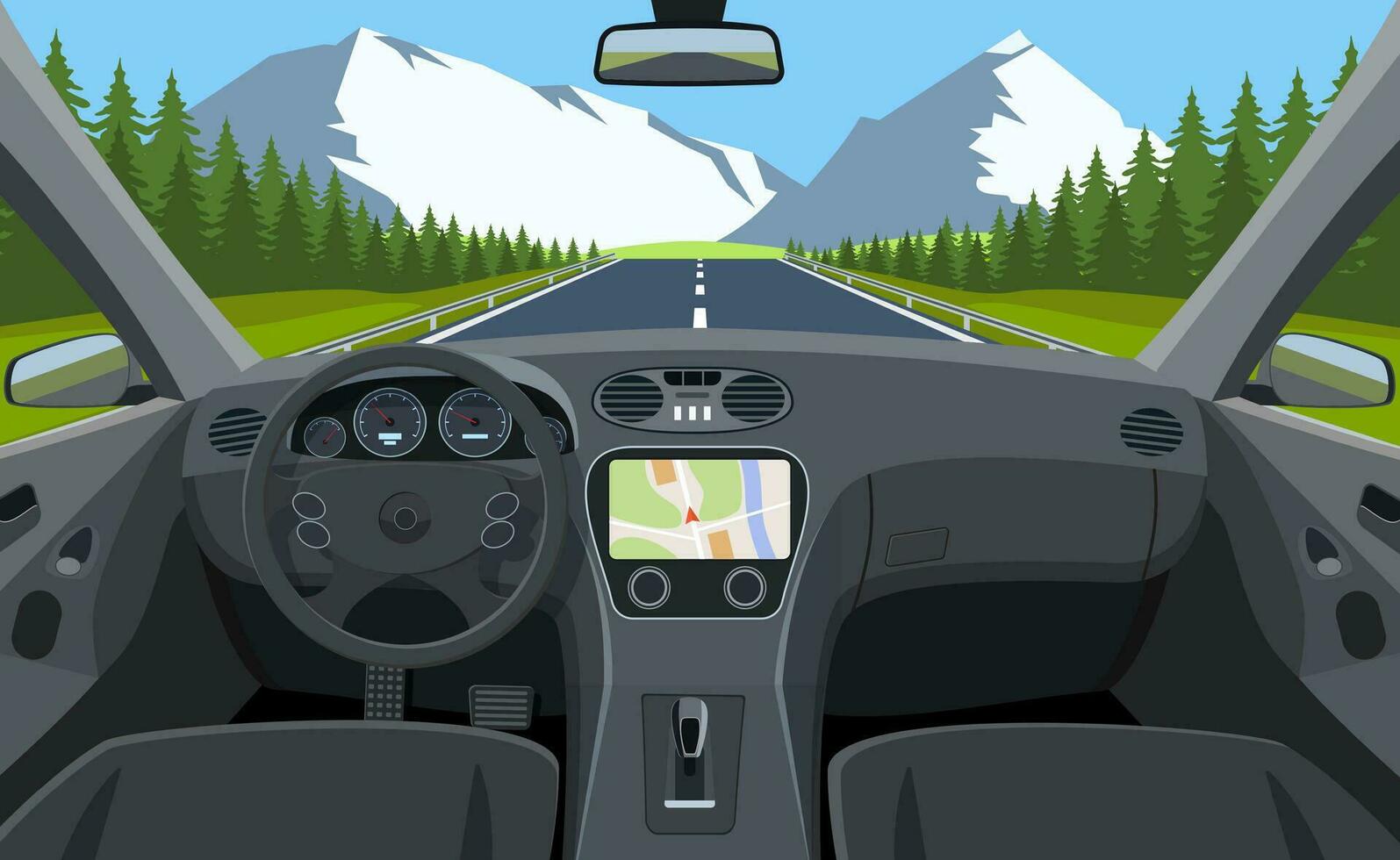 View of the road from the car interior. Vehicle salon, inside car driver . Driving simulator . Car view steering and windshield. Vector illustration in flat style