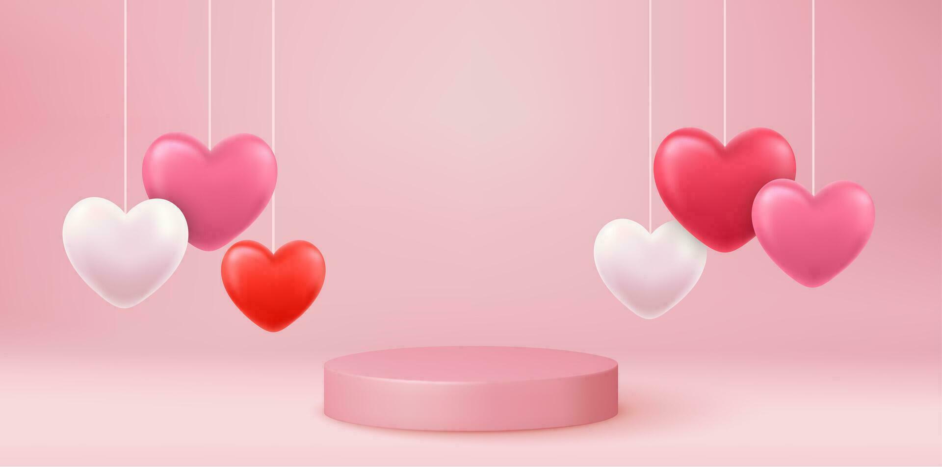 3d mock up Stage podium decorated with heart shape balloons. Background for birthday, anniversary, sale, wedding. Web banner. Valentine concept. Vector illustration