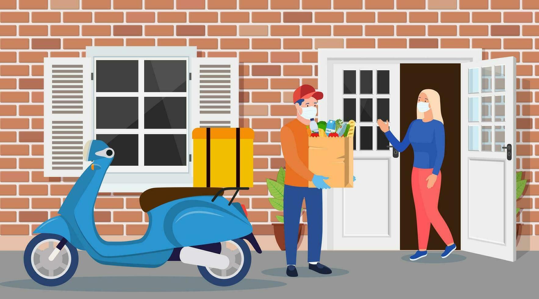 Safe fast food delivery at home during coronavirus. Man courier delivered Package food to customer. Concept for online shop or e-shop. Vector illustration in flat style