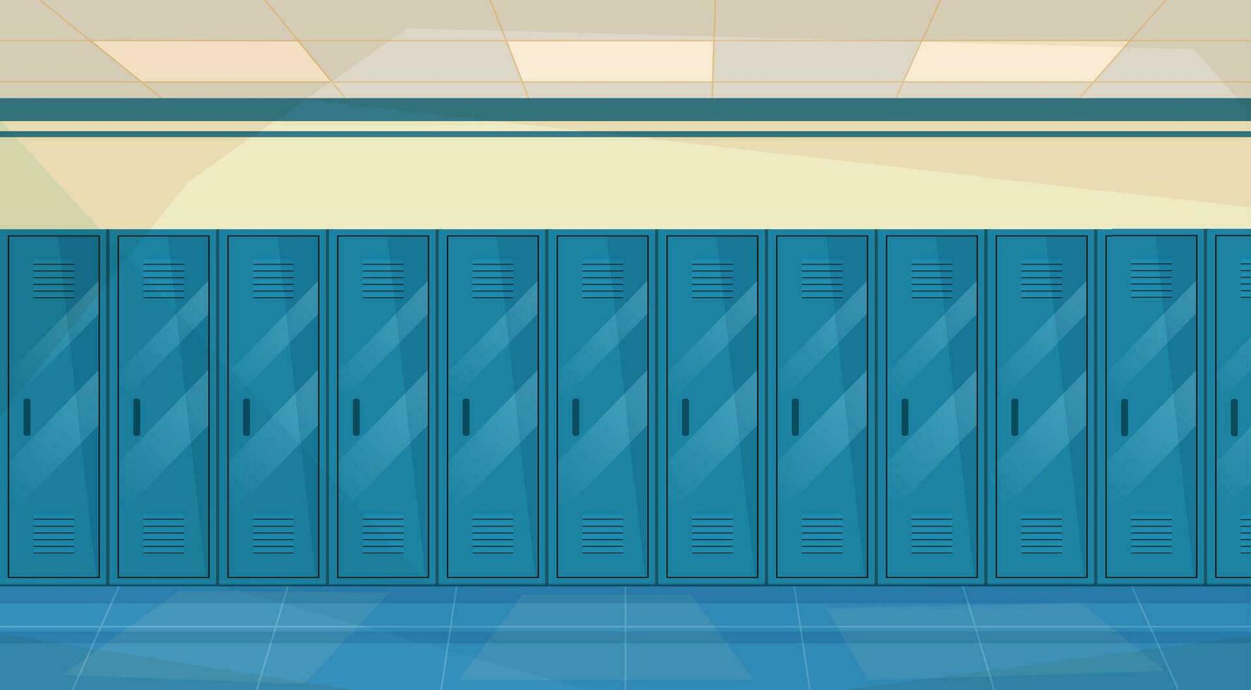 Empty School Corridor Interior With Row Of Lockers Horizontal Banner. cartoon Dressing place a fitness club. Vector illustration in a flat style