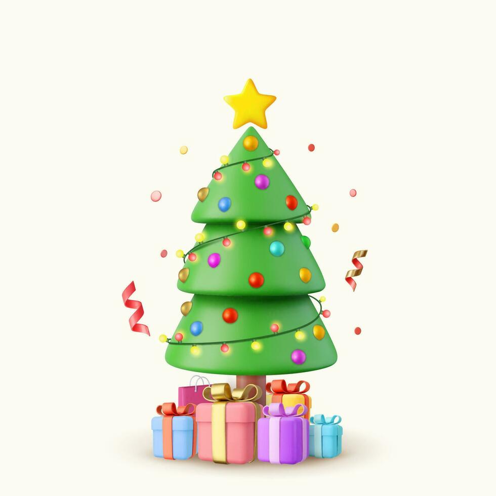 3d Christmas sparkling bright tree. Merry Christmas and Happy New Year. Gift box, surprise gifts, gold confetti. 3d rendering. Vector illustration