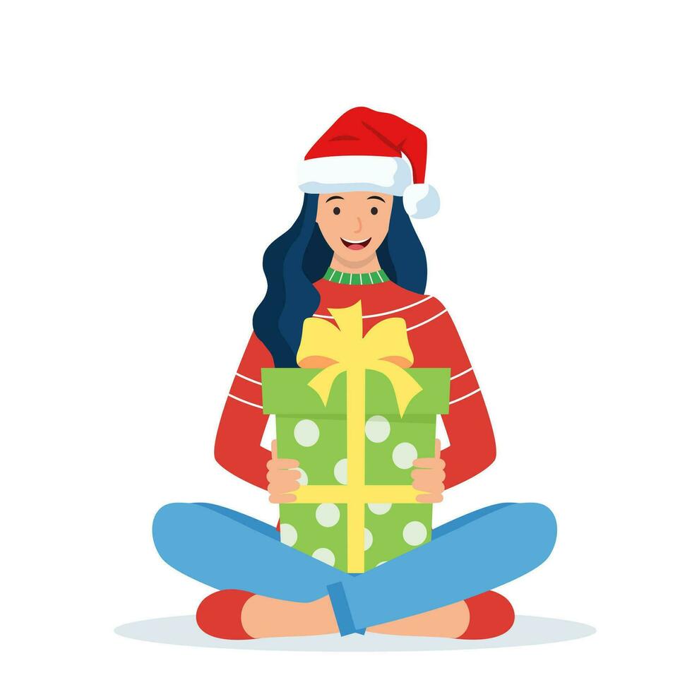 Woman Sitting Lotus Pose Holding Gift Box. Cross Legged female Character with Christmas Present. Happy New Year Decoration. New Year and Xmas Celebration. Vector illustration in flat style