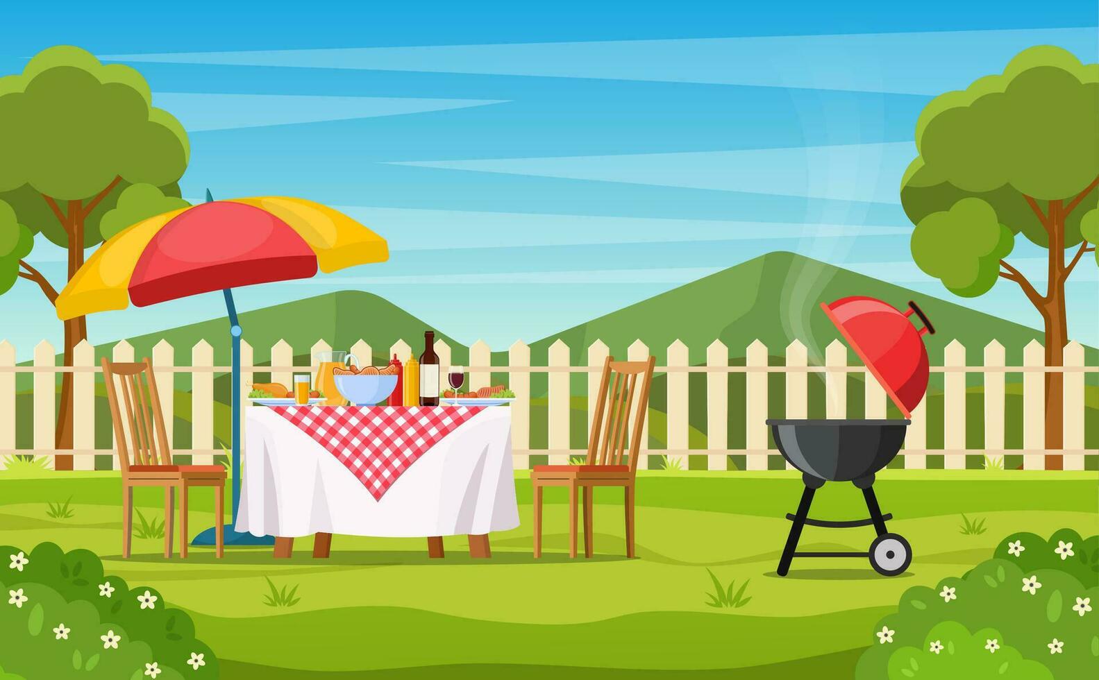 barbacoa fiesta en el patio interior con cerca, árboles, arbustos picnic con parilla en verano césped en parque o jardín comida en mesa, sillas y sombrilla. vector ilustración en plano diseño