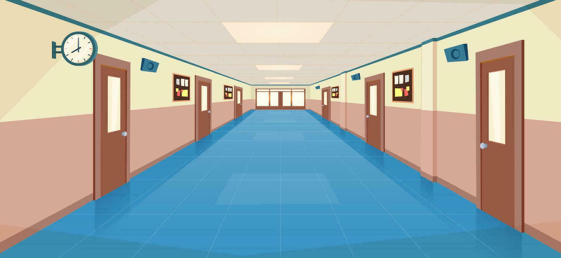 School hallway interior with entrance doors, bulletin board on wall. empty corridor in college, university with closed classrooms doors. Vector illustration in a flat style