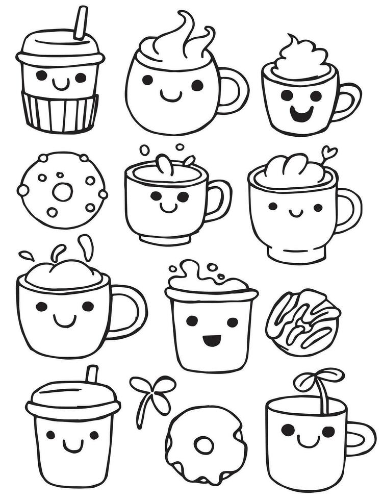 set of cute cups with coffee, vector drawing in doodle style, kawaii.