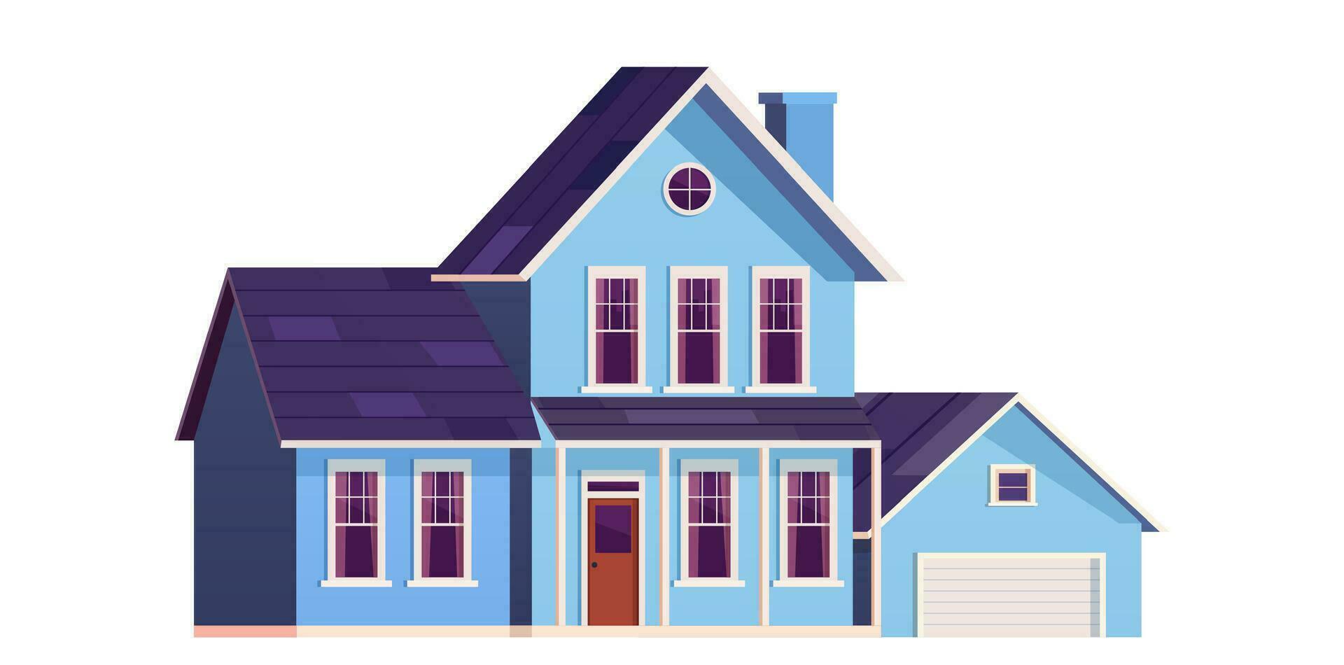 cute cartoon house. Two storey dwelling place with garage. Townhouse building. Home facade with door and windows. Vector illustration in flat style