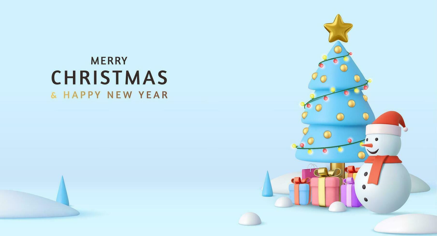 3d Merry Christmas and Happy New Year background. Christmas tree, snowballs,snowman and gifts boxes. Holiday Greeting card, banner, web poster. 3d rendering. Vector illustration