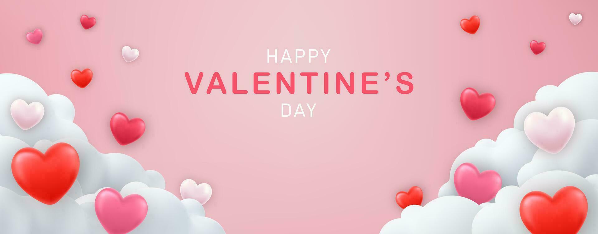 Horizontal banner with 3D heart on cloud background. voucher template with hearts. Love concept for happy mother s day, valentine s day, birthday day. Vector illustration